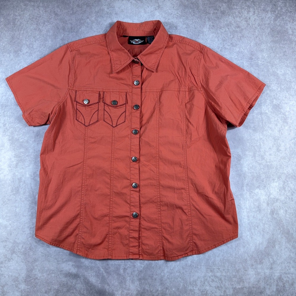 Harley Davidson Short Sleeve Button Up Shirt Embroidered Logo 1W Orange Biker